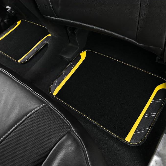 CAR PASS Leather Steering Wheel Cover and Waterproof Car Floor Mats,Microfiber Universal Car Combo Fit for 95% Sedan SUV Van Truck,14.5-15 inch Sporty Anti-Slip Safety Comfortable Design, Black&Yellow - Image 8