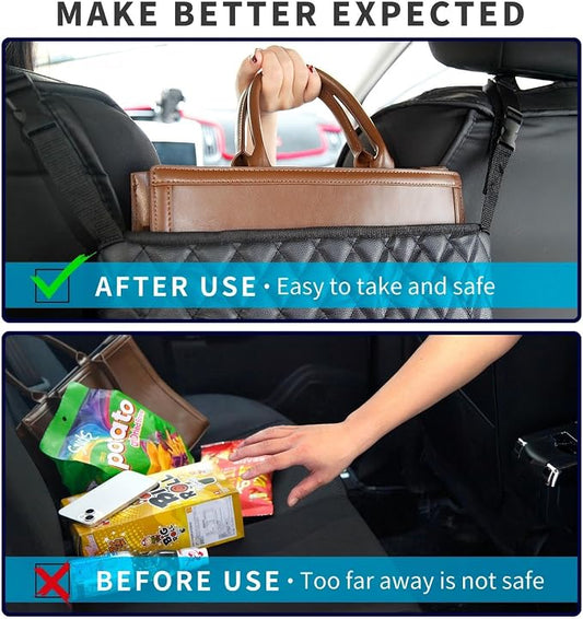 Car Handbag Holder Between Seat Durable Leather Seat Back Organizer Pet & Kids Driver Storage Netting Pouch Driver Storage Netting Pouch (Upgraded Black B) - Image 2