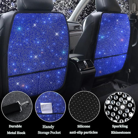 Sparkling Diamond Car Seat Kick Protectors with Storage, Crystal Kick Mats for Car Seats with Bling Rhinestones, Universal Fit Luxury Auto Accessories for Women Girls and Ladies Blue 2pcs - Image 2