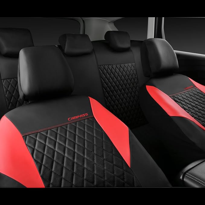 CAR PASS Red Leather Seat Covers Full Set-Universal Quilting Pretty Girly Car Seat Cover with 5mm Composite Sponge Inside,Airbag Compatible, Waterproof Delux Fit for Most Sedan,SUV,Cars (Full Set,Red) - Image 6