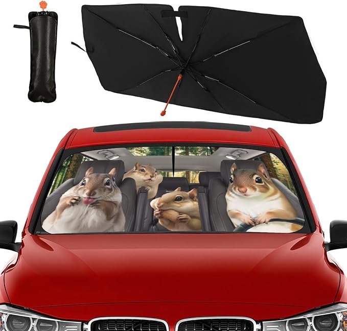 Socira Funny Squirrels Car Windshield Sunshade Umbrella Foldable Visor | Umbrella Sun Shade Cover Funny Animal Sunshade Front Window Cover Squirrels Car Accessories Blocks Uv Rays 57" X 30" - Image 9
