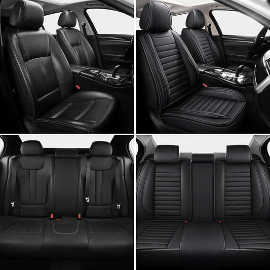 MINGBRON Black Car Seat Cover with Lumbar Support, Car Seat Protector Waterproof, Nappa Leather Car Seat Cushion, Car Seat Covers Front Seats and Back Fit for Most Cars - Image 2