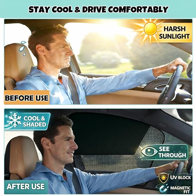 Car Window Shades, 2 Pack Magnetic Half Blackout & Half See-Through Car Shades for Side Windows, Front Window Cover Block Heat UV Rays Glare for Driver Passenger - Image 7