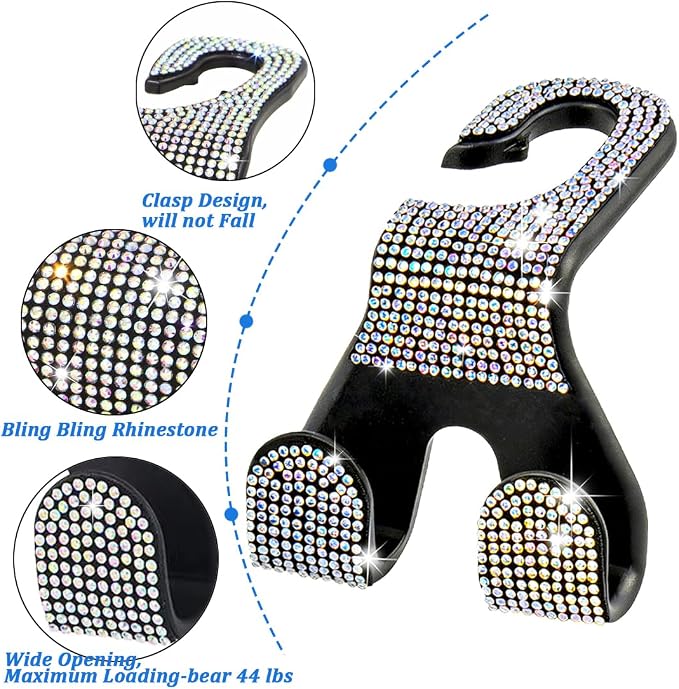 Bling Car Purse Hooks 2Pcs, Rhinestones Car Headrest Hook Backseat | Double Hooks,Holds 44Lbs,Wide Opening,Durable Nylon,Car Seat Hook,Purse Holder,Bling Car Accessories for Women,AB - Image 6
