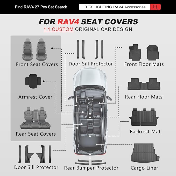 TTX LIGHTING Custom Fit for Toyota RAV4 Seat Covers 2019-2026 5-Seats | Original Seat Pattern | Full Coverage | Easy Install | Waterproof | Faux Leather | Shield Your Car Seats | All Season - Image 9