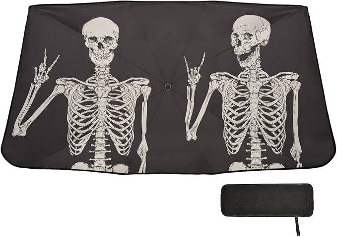 Skull Windshield Sun Shade Umbrella Fun Human Skeleton Black Foldable Car Front Window Sunshade Blocks UV Rays Heat Keep Vehicle Cool (55" x 27.5") - Image 6