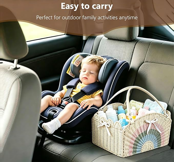 Large Baby Diaper Caddy, Paper Rope Storage Baskets Nursery Bin with Removable Divider, Portable Car Organizer for Diapers, Baby Shower Gifts, Newborn Essentials Must Haves (Light beige) - Image 9