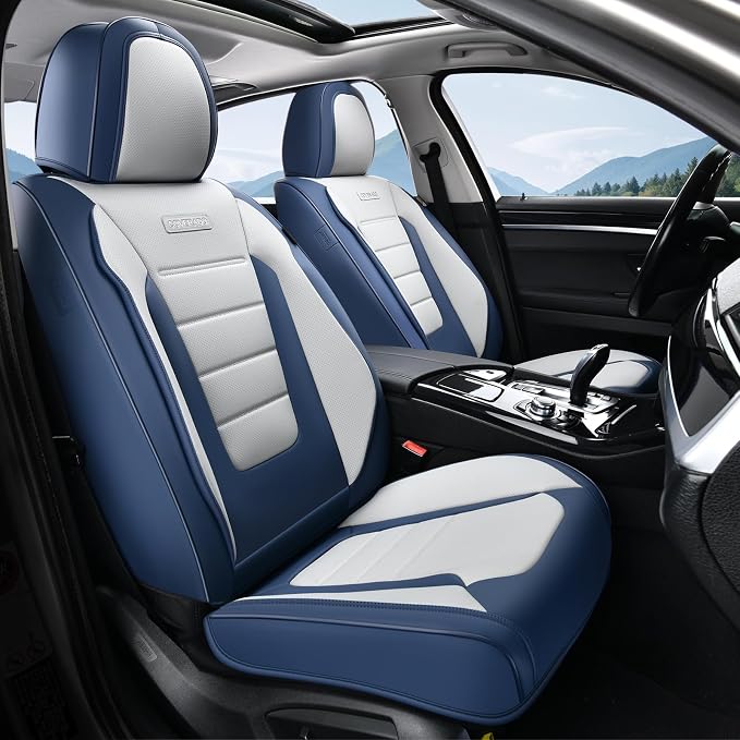Coverado Car Seat Covers Full Set, Nappa Leather Seat Covers for Cars, Car Seat Protector Car Seat Cushion, Front and Back Seat Protectors Cushions Universal Fit for Most Cars Vehicles(Blue&White) - Image 9