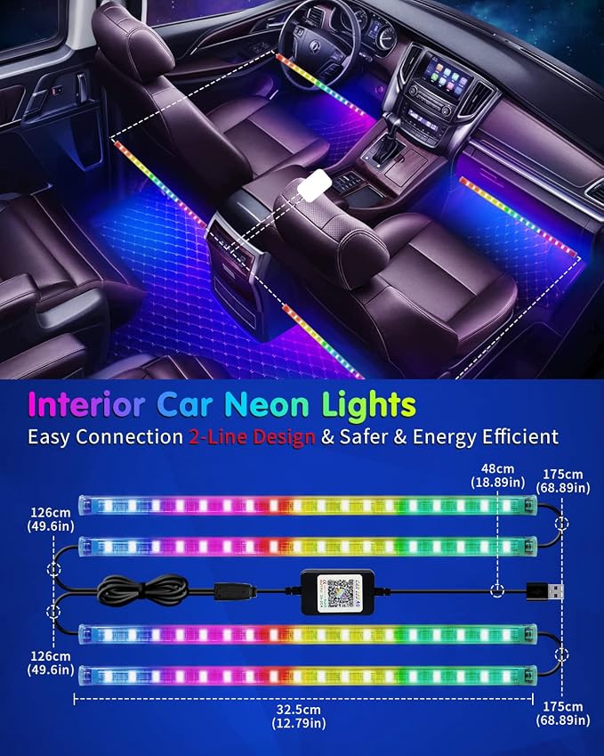 RGB 72 LED Interior Car Strip Lights with Smart APP Control, 2 Lines Design | Music Sync Under Dash Footwell Neon Internal Lighting,12V LED Strip Lights for Cars, Trucks, SUVs with Car Charger(1 Set) - Image 6
