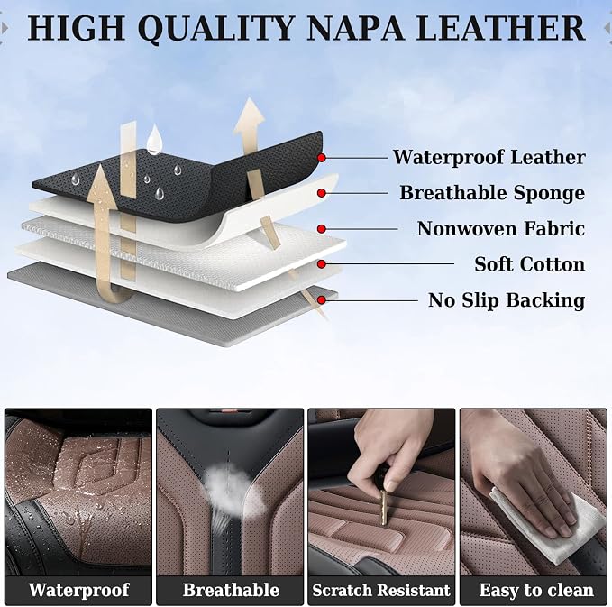Coverado Car Seat Covers Full Set, Automotive Seat Covers Car Seat Protector Car Seat Cushion, Waterproof Leather Seat Covers for Cars, Universal Fit for Most Sedans SUV Pick-up Truck(Black&Coffee) - Image 9
