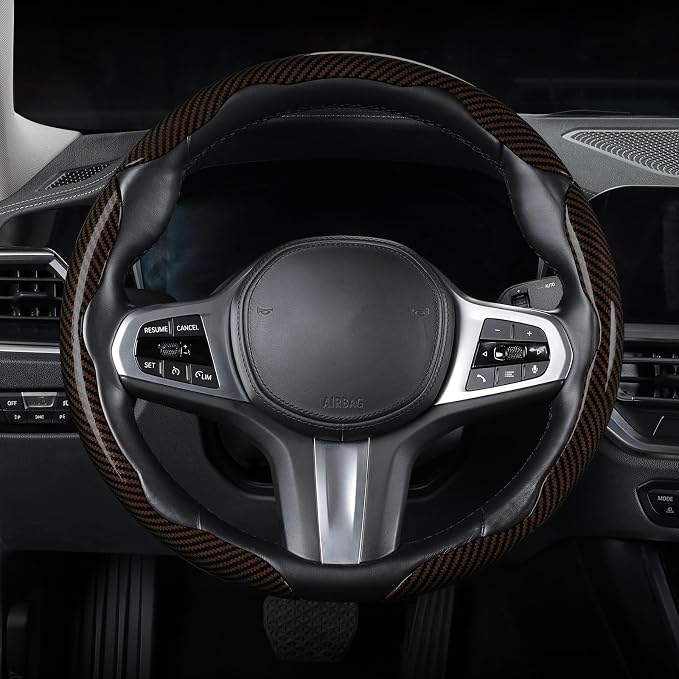 Carbon Fiber Steering Wheel Cover Universal 3pcs Protector Glossy Brown - Image 6