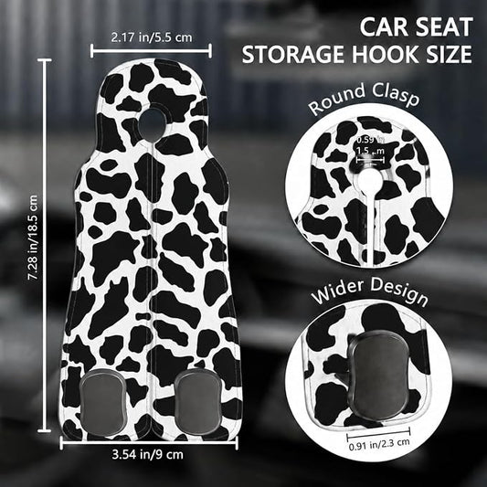 Cute Cow Car Seat Back Storage Headrest Hooks for Purses & Bags – 2PCS PU Leather Dual Metal Hooks, Backseat Organizer Accessories - Image 2