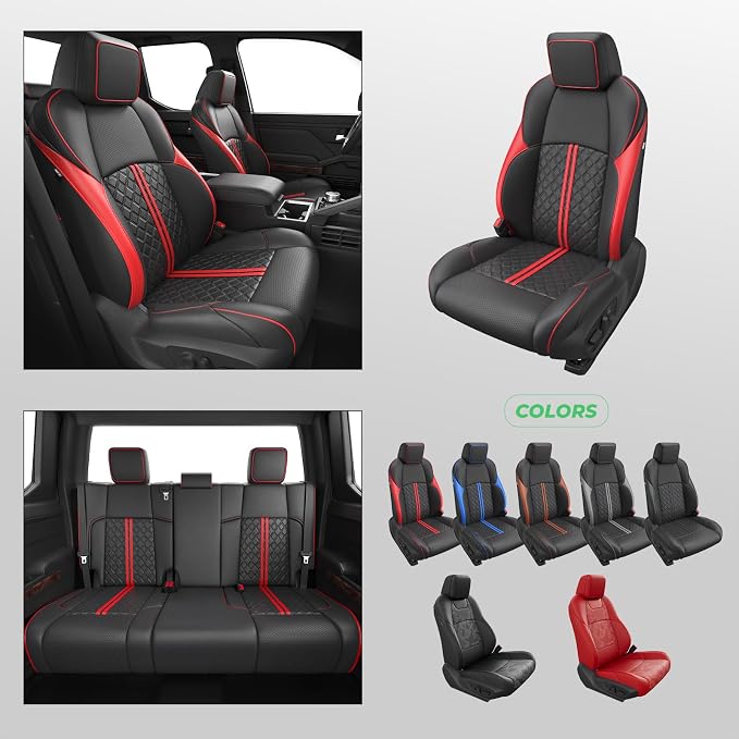 RIDEPOSH Custom Leather Seat Covers for Toyota Tacoma Double Cab 2024-2026 | full set, BKred, OEM fit, premium waterproof leather, anti-slip, extra pockets, long-term durability, airbag compatible - Image 8