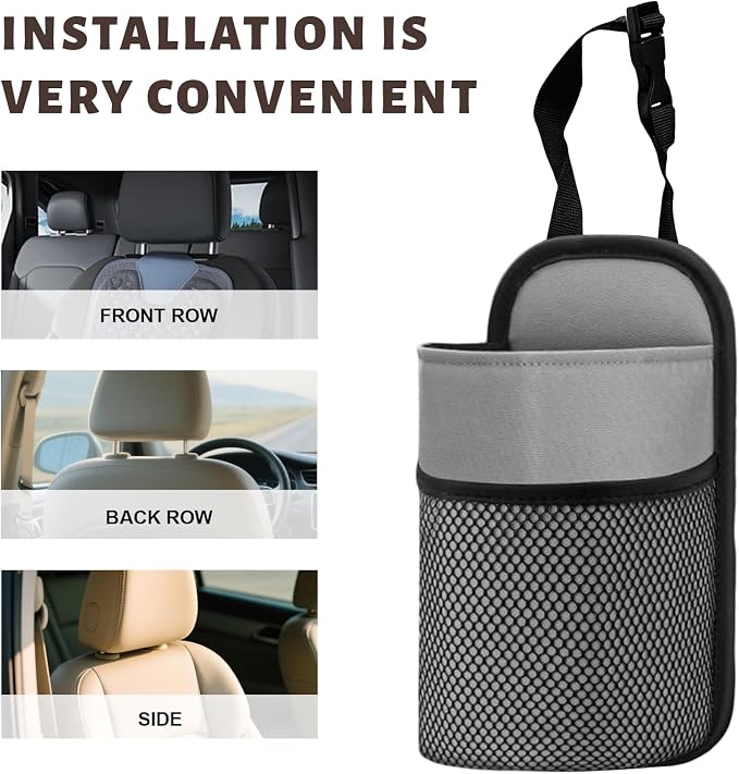 2 in 1 Large Car Cup Holder, 80 oz Multi-Function Auto Water Bottle Storage Bag with Mesh Pocket, Universal Hanging Seat Side Organizer Cup Holders for Car SUV Truck (Gray) - Image 6