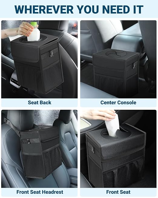 Capolo Car Trash Can with Lid, Leakproof Car Garbage Can Car Trash Bag | Waterproof, Trash Can for Car, 3 Mesh Pockets, Mini Hanging Vehicle Car Trash Bin, for Back/Front Seat (Black,2.5 Gal) - Image 6