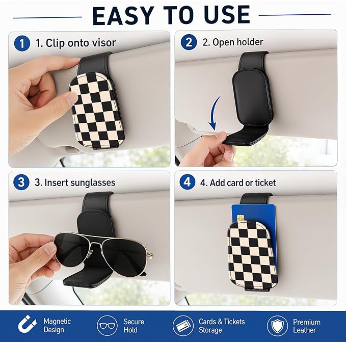 Leather Magnetic Sunglass Holder for Car Sun Visor, Cute Eyeglass Ticket Card Hanger Clip, Universal Auto Interior Accessories for SUV Pickup Truck, Black Beige Checkered - Image 5