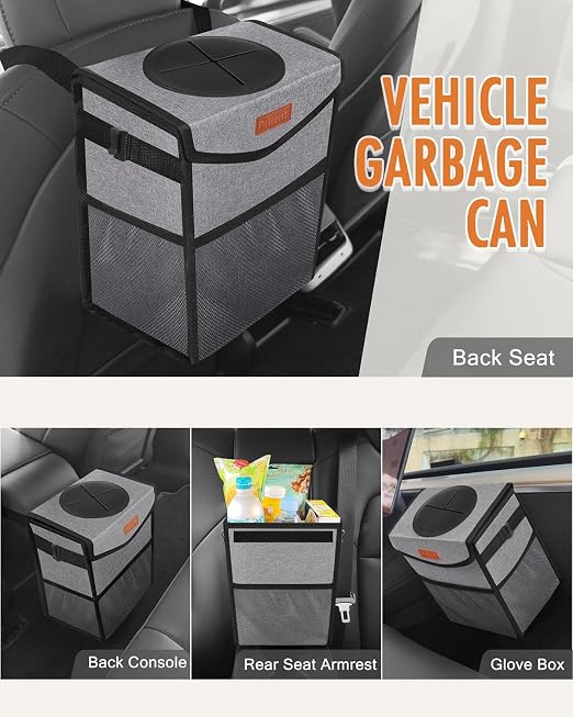 Pritent Car Trash Can with Lid Leakproof Car Garbage Bag Vehicle Trash Bin | Hanging Automotive Garbage Can,Multipurpose Car Accessories for Women Men Interior Car Storage Organizer(2 Gal,Grey) - Image 6