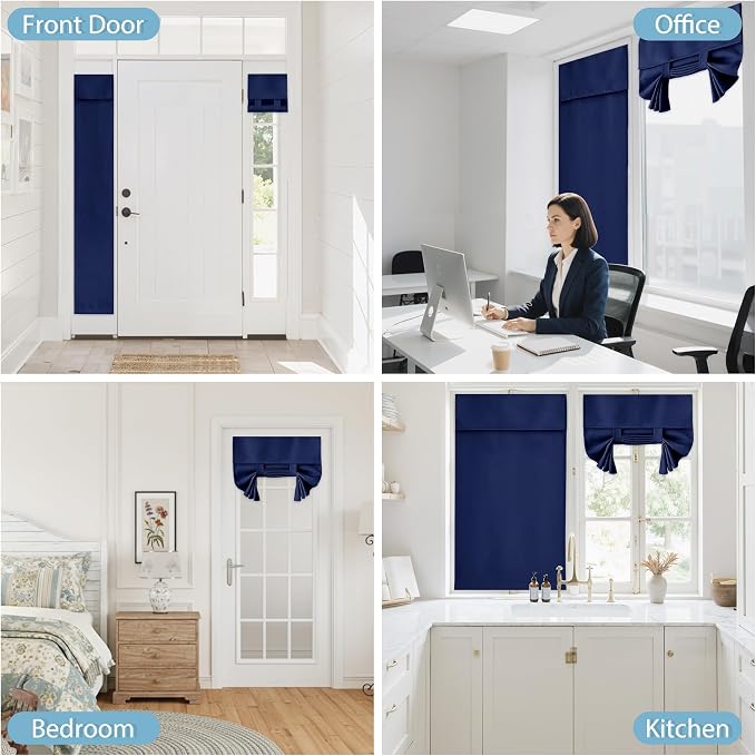 RYB HOME Blackout French Door Curtain for Kitchen Front Back Door Window | Self Adhesive No Drill, Privacy Thermal Insulated, For Patio Glass Door Window, Renter Friendly, W26 x L69,Blue, 1 Panel - Image 9
