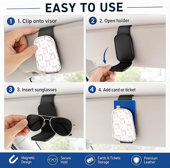 Leather Magnetic Sunglass Holder for Car Sun Visor, Cute Eyeglass Ticket Card Hanger Clip, Universal Auto Interior Accessories for SUV Pickup Truck, Pink Ribbon - Image 5