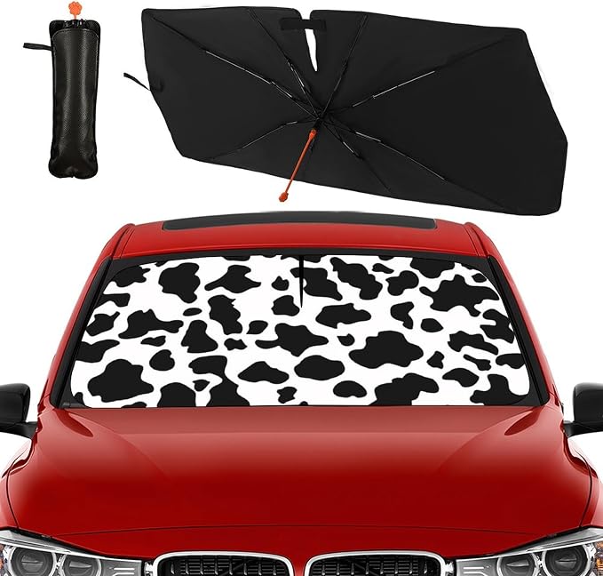 Socira Cow Print Windshield Sun Shade Umbrella Foldable Cow Sunshade | for Front Window Auto Windshield Sunshade Covers Car Accessories Protect from Sun Rays Heat 57'' X 30'' - Image 9