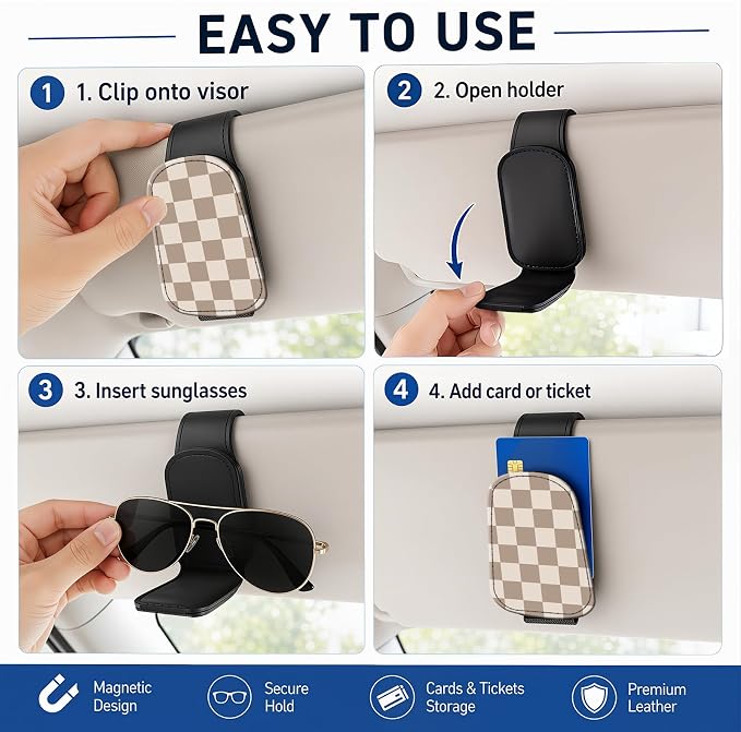 Leather Magnetic Sunglass Holder for Car Sun Visor, Cute Eyeglass Ticket Card Hanger Clip, Universal Auto Interior Accessories for SUV Pickup Truck, Beige Checkered - Image 5