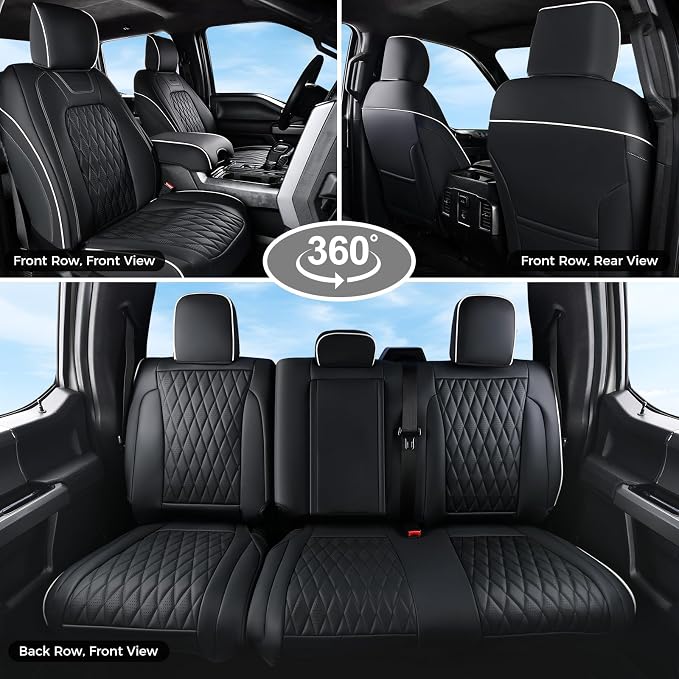 Coverado Premium Leather Full Set Seat Covers Waterproof Heavy-Duty Protectors Custom Fit for Ford F150 (2015-2026) F250/F350/F450 (2017-2026)-Black w/White Stitching, Wear-Resistant - Image 8