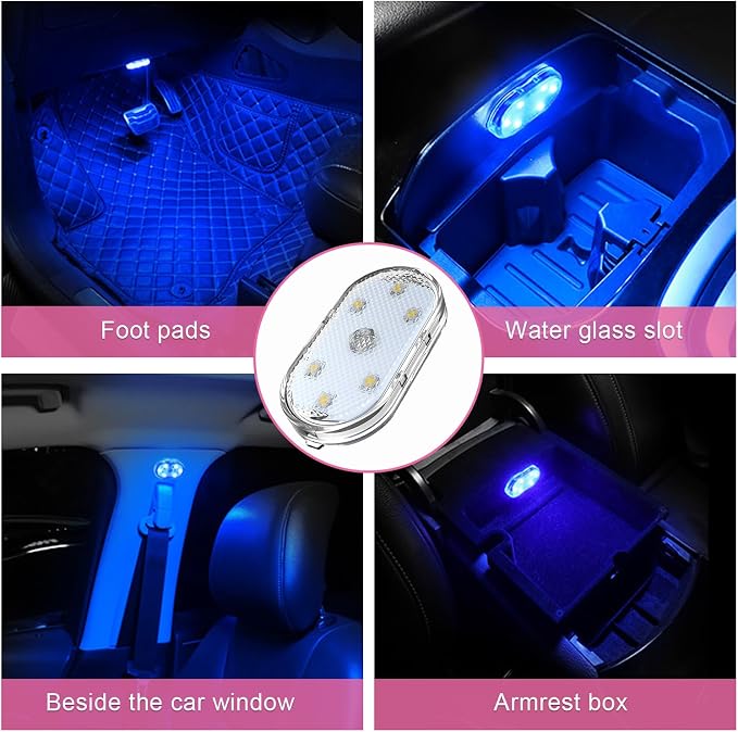 povtii 4 PCS Wireless Led Lights for Car Interior, 7 Colors Magnetic Auto Ambient Light with 6 Bright LED Lamp Beads, USB Rechargeable Vehicle Led Night Light, Car Accessories (Blue) - Image 6