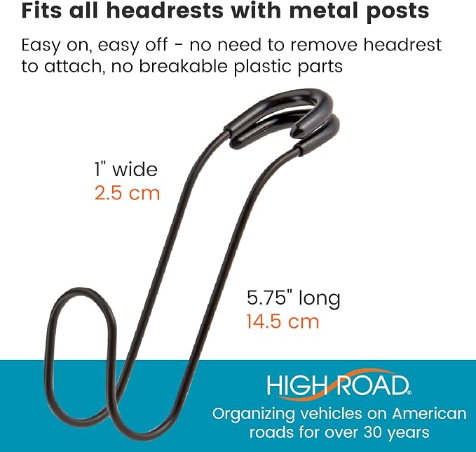 High Road Metal Car Hooks for Large Purse Straps and Heavy Bags | Set of 4 Car Headrest Hooks Fit All Sized Metal Posts - Secure Cushioned Attachment Won't Slip Off or Rattle - Image 7