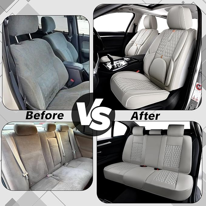 Car Seat Cover Complete Set, Light Gray, Suitable for Most Cars | with Lumbar Support, Premium Artificial Leather, Waterproof and Easy to Clean, Airbag Compatible - Image 9