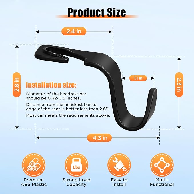 Amooca Car Seat Headrest Hooks 4-Pack Storage Organizer Holds 55 lbs | Universal Fit Most Car/SUV/Truck, Anti-drop, Hanger for Backpack Umbrella Water Bottle Coat Purses Handbags Groceries, Black - Image 6