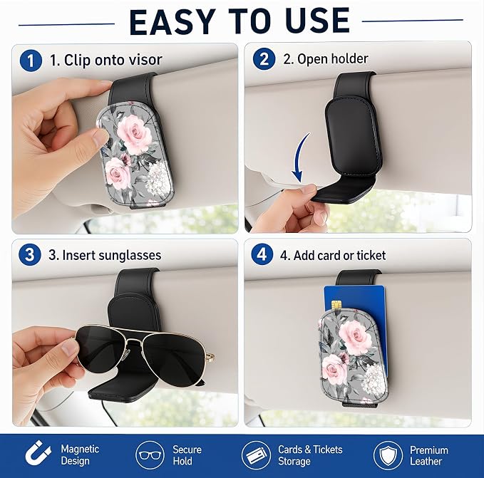 Leather Magnetic Sunglass Holder for Car Sun Visor, Cute Eyeglass Ticket Card Hanger Clip, Universal Auto Interior Accessories for SUV Pickup Truck, Gray Rose - Image 5
