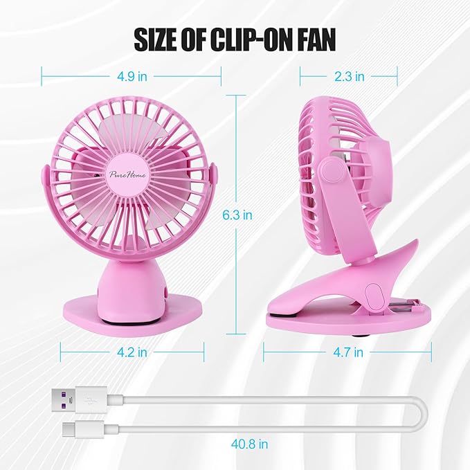 PureHome Portable Clip Fan Battery Operated,3 Speeds USB Rechargeable Mini Table Fan with Strong Airflow,360°Rotation Ultra Quiet Personal Desk Fan for Home Office Bedroom Dorm Stroller Camping- Pink - Image 7