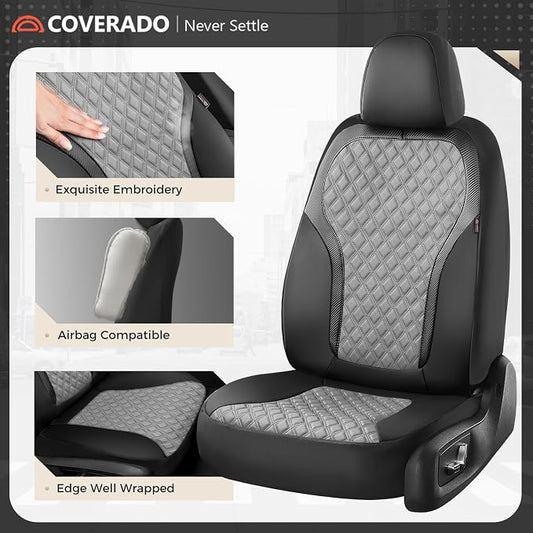 Coverado Front Seat Covers, 2-Pack Luxury Leather Car Seat Cover with Carbon Fibre Weave Design, Waterproof Car Seat Protectors, Driver Seat Covers Universal Fit for Cars SUV Trucks, Black Gray - Image 2
