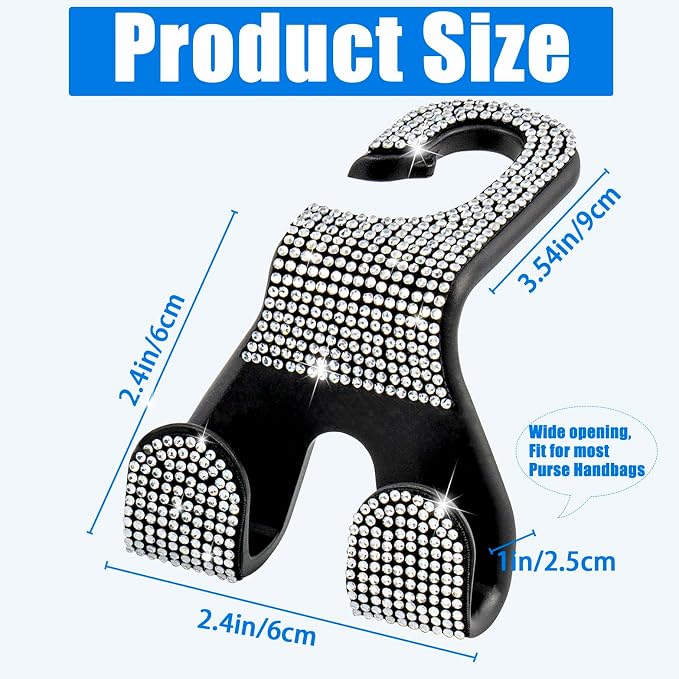 Bling Car Purse Hooks 2Pcs, Rhinestones Car Headrest Hook Backseat | Double Hooks,Holds 44Lbs,Wide Opening,Durable Nylon,Car Seat Hook,Purse Holder,Bling Car Accessories for Women,White - Image 6