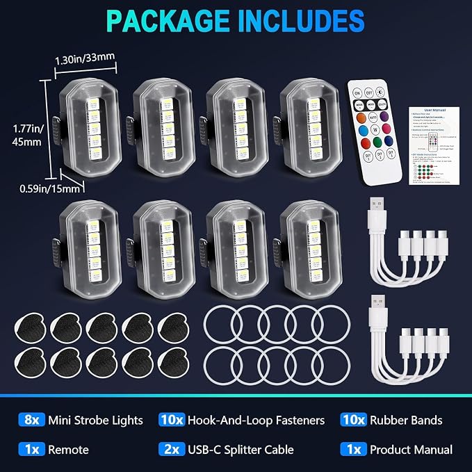 1797 Upgraded 5-LED Wireless Strobe Lights with Remote, RGB Exterior & Interior Ambient Lighting, 8 Colors & 5 Modes, USB-C Rechargeable, 8 PCS Waterproof Mini Lights for Car, Truck, Bike, Motorcycle - Image 7
