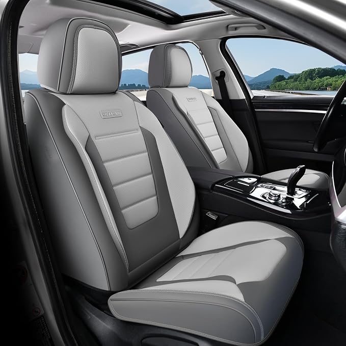 Coverado Car Seat Covers Full Set, Nappa Leather Seat Covers for Cars, Car Seat Protector Car Seat Cushion, Front and Back Seat Protectors Cushions Universal Fit for Most Cars (Gray&Light Gray) - Image 9
