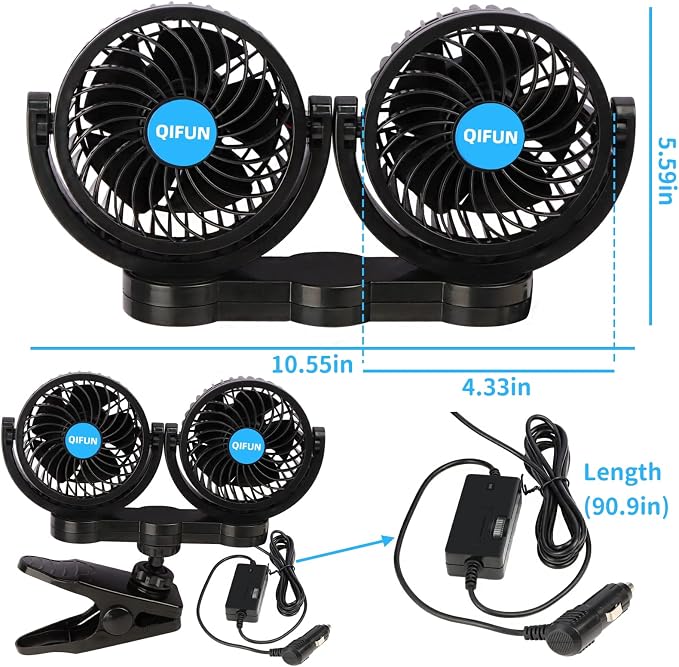 QIFUN Car Fan Adjustable Dual Head 12V 360° Rotatable 4 Inches Car Clip Fan for Front/Rear Seat Passenger Car Essentials Cooler with Stepless Speed Regulation for Vehicle SUV, RV - Image 6