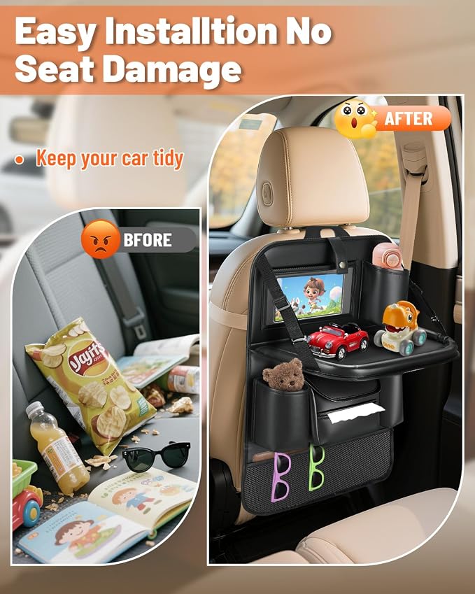 2 Pack Leather Car Backseat Organizer with Foldable Table Tray | Garbage Bag Hook, Protector Kick Mats for Kids, 8 Large-Capacity Pocket, Universal Car Seat Protector for Kids, Pets & Travel - Image 9