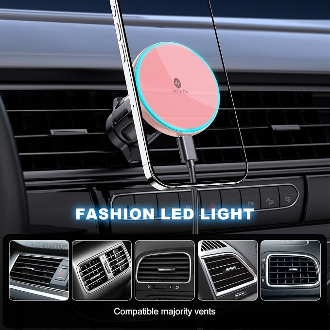 for Mag-Safe Car Mount Charger Dash Windshield Vent Magnetic Phone Holder | Wireless Car Charger with LED Light Car Phone Holder for iPhone 17 16 15 14 13 12 Series for MagSafe Pink - Image 6