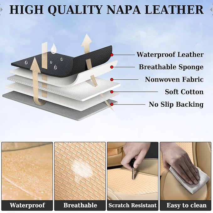 Coverado Car Seat Covers Full Set, Beige Seat Covers for Cars, Waterproof Nappa Leather Automotive Seat Covers with Lumbar Head Pillow, Car Seat Protectors, Universal Fit for Most Cars SUV - Image 9