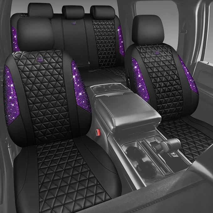 CAR PASS Bling Diamond Leather Car Seat Covers Full Seats Interior Sets, Waterproof Shining Glitter Sparkly Crystal Universal Armrest Fit Automotive Truck SUV Cute Women Girl, Black Purple Rhinestone - Image 9