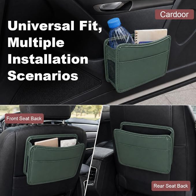 Car Seat Side Pocket Organizer, Leather Sewn Multifunctional Automotive Trash Bag, Small Vehicle Door Pouch for Cell Phone, Key, Wallet, Sunglasses (Green) - Image 6