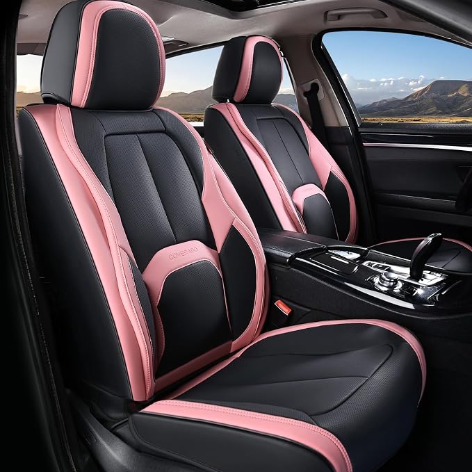 Coverado Car Seat Covers Full Set, Waterproof Nappa Leather Seat Covers for Car, Car Seat Protector with Lumbar Support, Automotive Seat Covers Universal Fit for Most Cars SUV Trucks, (Black&Pink) - Image 9