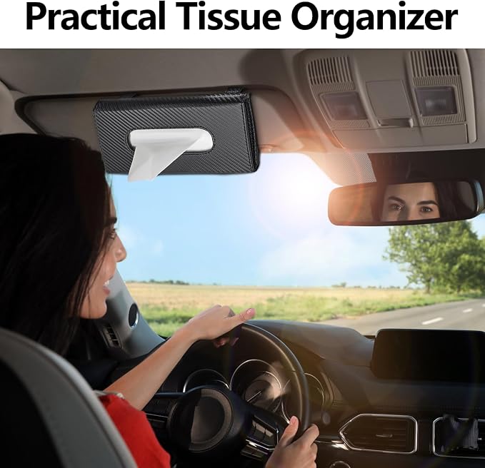 wuyaoyao Car Tissue Holder, Leather Sun Visor Napkin Case, Carbon Fiber | Hook-and-Loop Design, Car Tissue Dispenser, Clip-on Mask Holder for Sunvisor, Easy to Use, Fits SUVs, Sedans, Trucks - Image 6