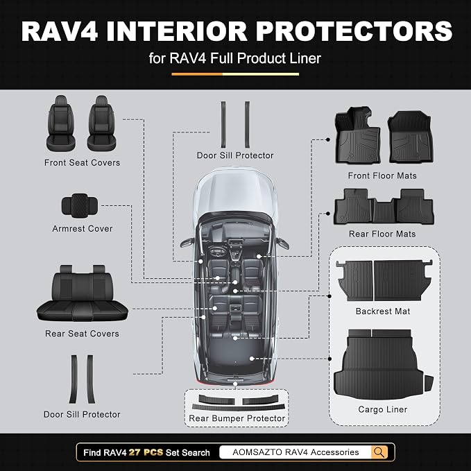 AOMSAZTO Cargo Liner for Toyota RAV4 Hybrid 2026 W/O Subwoofer (NO PHEV) | Door Sill Protector & Seat Back Mats & Cargo Mat All Weather Custom Fit Trunk Mat Door Sill Guard Full Interior Protection - Image 9
