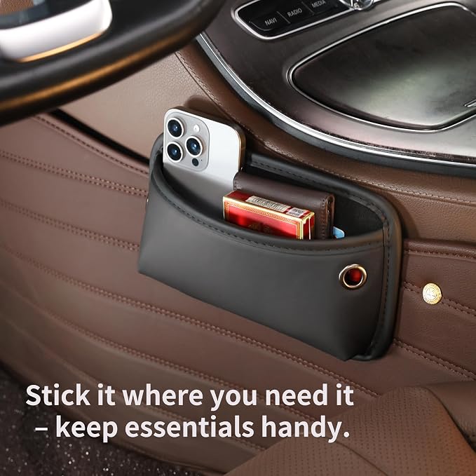 Car Seat Side Pocket Organizer, Nappa Leather Car Trunk Pouch Organizers and Storage, Small Car Side Seat Storage Bag for Auto Front Seat Back Seat Door Console Phone Sunglasses Cards Pen (Black-1PC) - Image 6