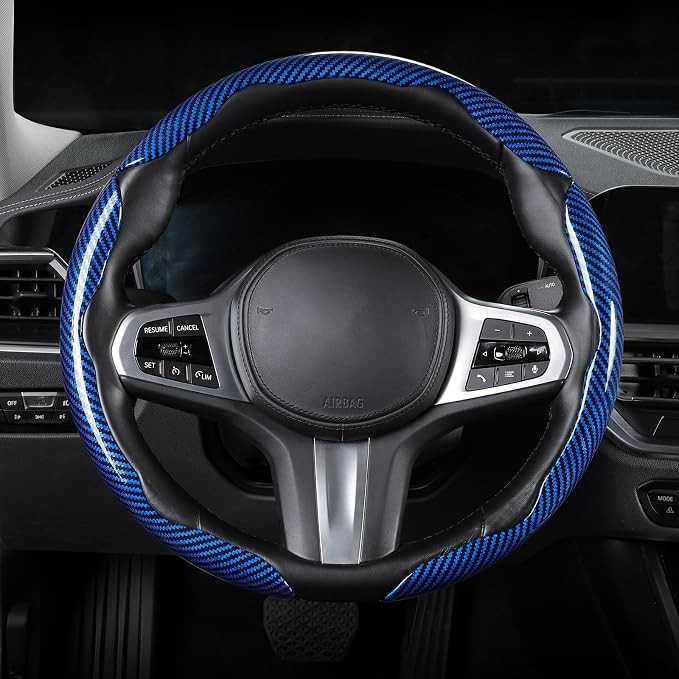 Carbon Fiber Steering Wheel Cover Universal 3pcs Protector Glossy Blue - Image 6