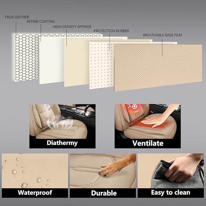 Universal Fit Premium Beige Leather 5-Seats Car Seat Covers | Waterproof full-set seat protector for Cars,SUVs,Trucks,airbag-safe,wipe-clean,10-min install,all-season car seat cushion. - Image 7