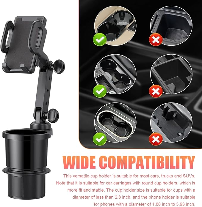 Car Cup Holder Mobile Phone Rack, Multi-Function 2 in 1 Cup Holder Expander, 360 Degrees Rotatable Automotive Phones Mount, Universal for Most Cars, Trucks, SUVs (Black) - Image 6