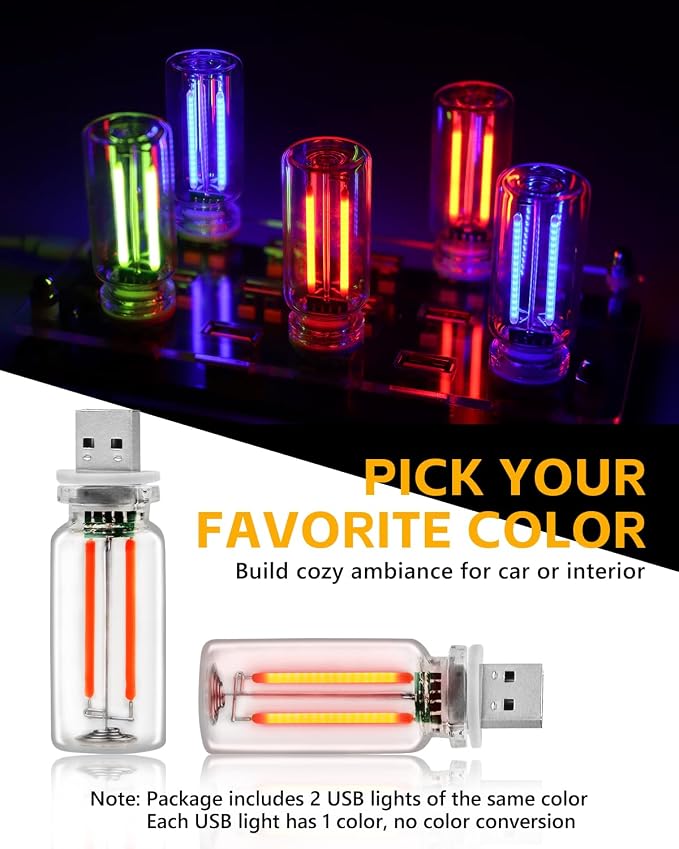 2PCS USB Car Lights, Touch Adjustment Lights, Plug in USB Vehicle Interior Ambient Light, Mini LED Retro Bulb Glass Bottle Night Light for Car, Camping, Holiday Decoration, Party, Bedroom (Red) - Image 7